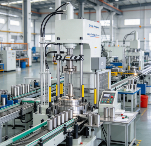 Deep drawing press machine in vacuum flask metal body production line with conveyor guides dies and semi-finished metal cups in factory.